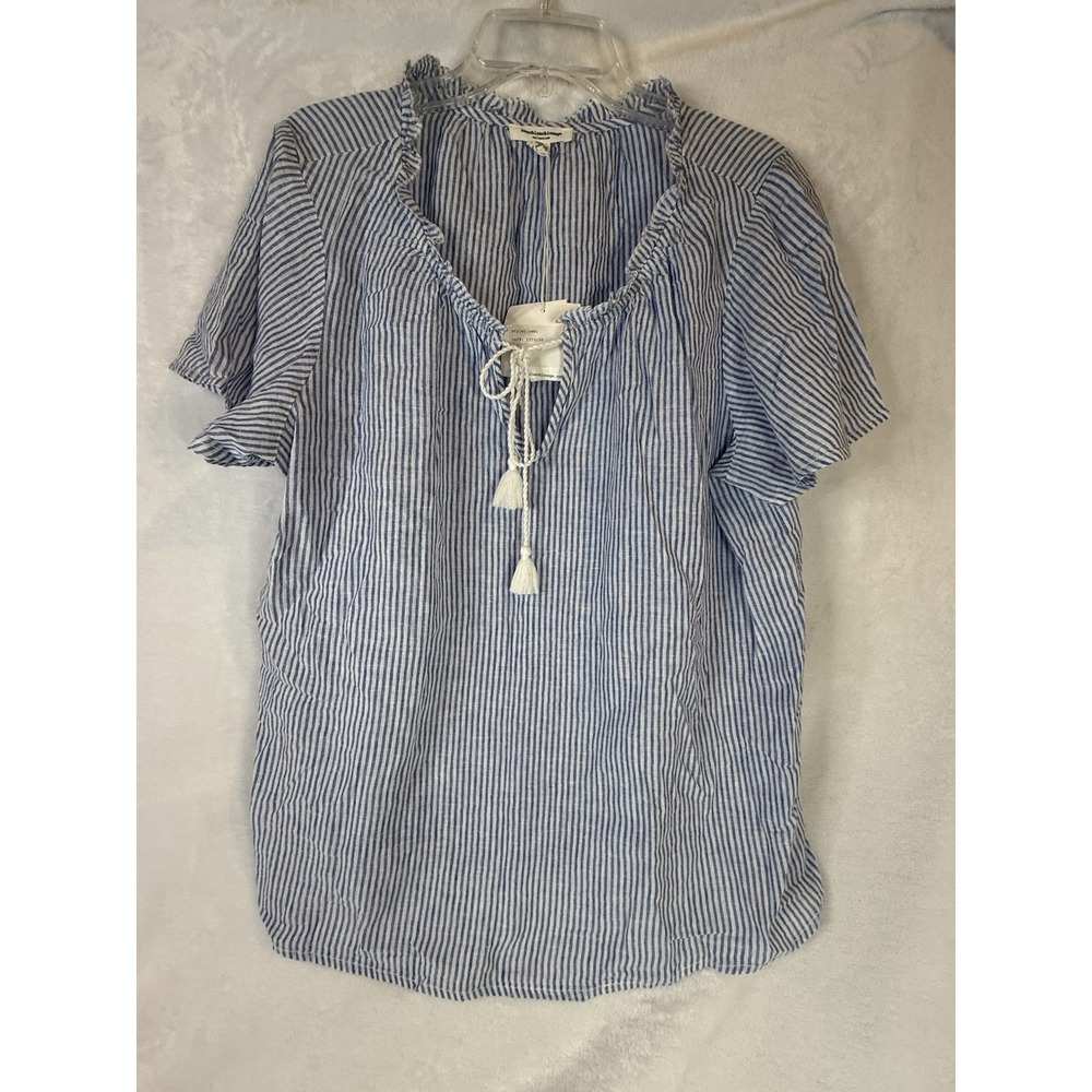 NWT BeachLunchLounge Striped Peasant Top XL Blue White Boho Tassel Tie Resort - Picture 2 of 11